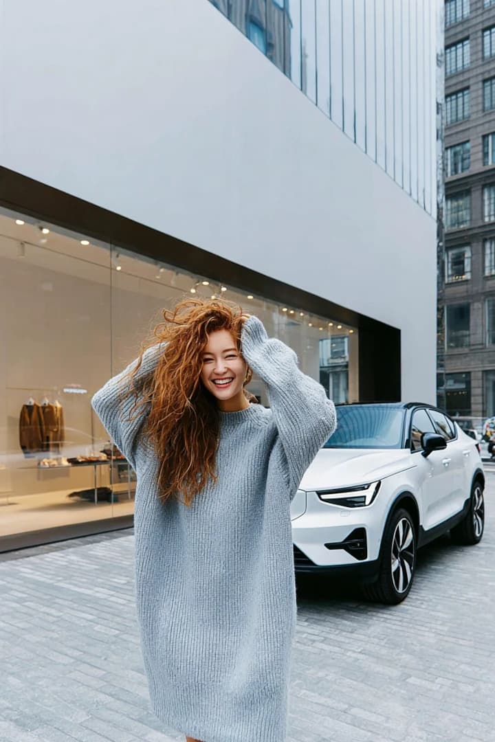 Frau mit lockigen roten Haaren neben weißem Auto - stressfreies Parken mit Peuka App